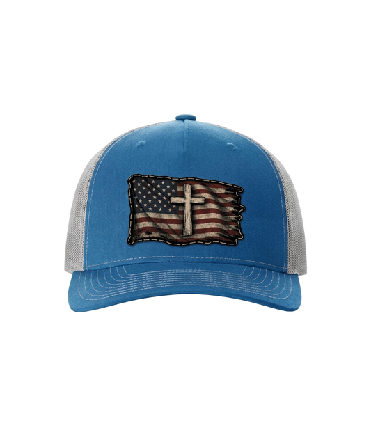 Faith & Flag blue and gray patch trucker hat, front