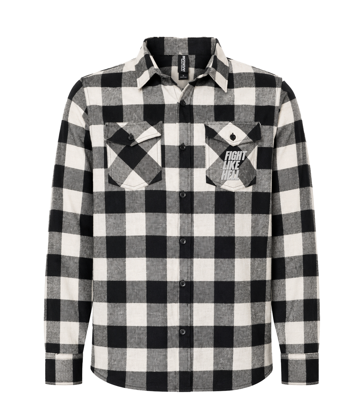 Fight Like Hell black and white buffalo plaid flannel, front