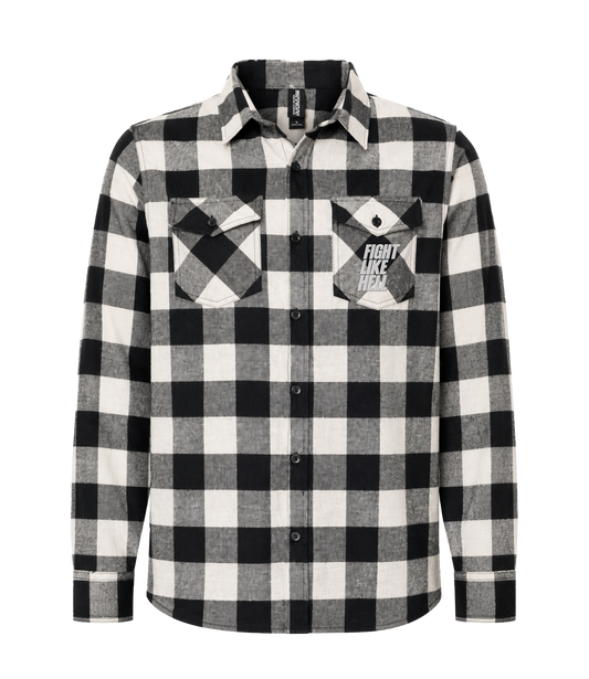 Fight Like Hell black and white buffalo plaid flannel, front