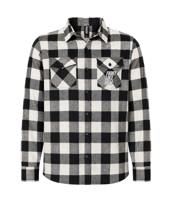 Fight Like Hell black and white buffalo plaid flannel, front
