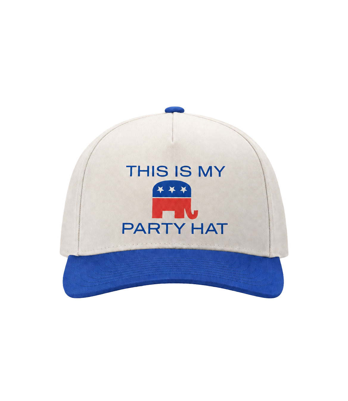 This Is My Party Hat cream and royal blue hat, front