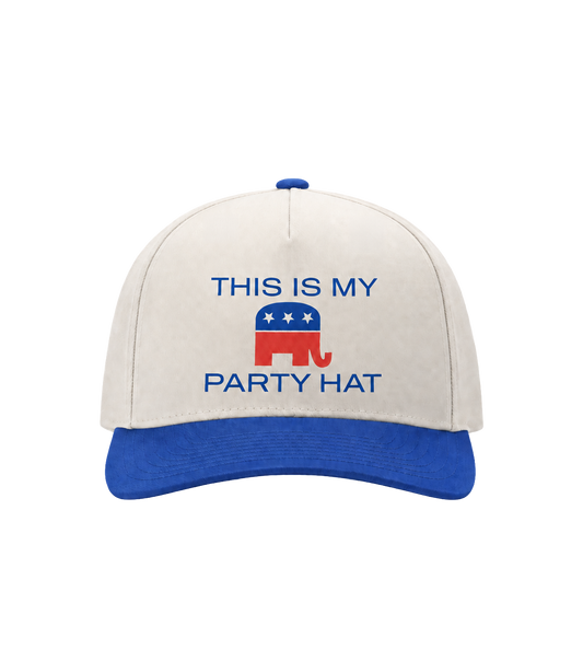 This Is My Party Hat cream and royal blue hat, front