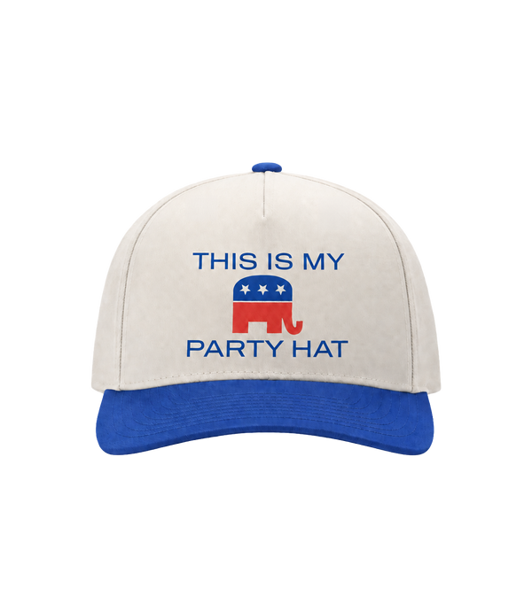 This Is My Party Hat cream and royal blue hat, front