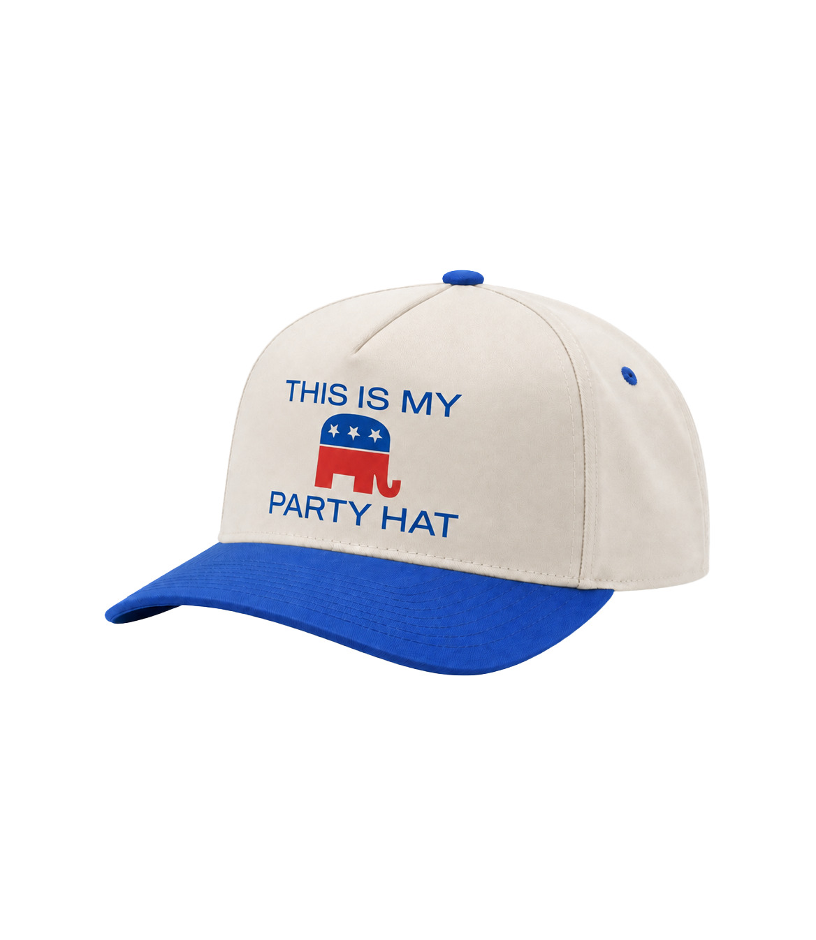 This Is My Party Hat cream and royal blue hat, side