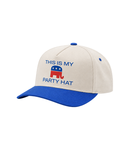 This Is My Party Hat cream and royal blue hat, side