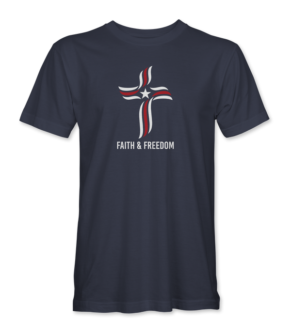 Faith & Freedom navy t-shirt, front