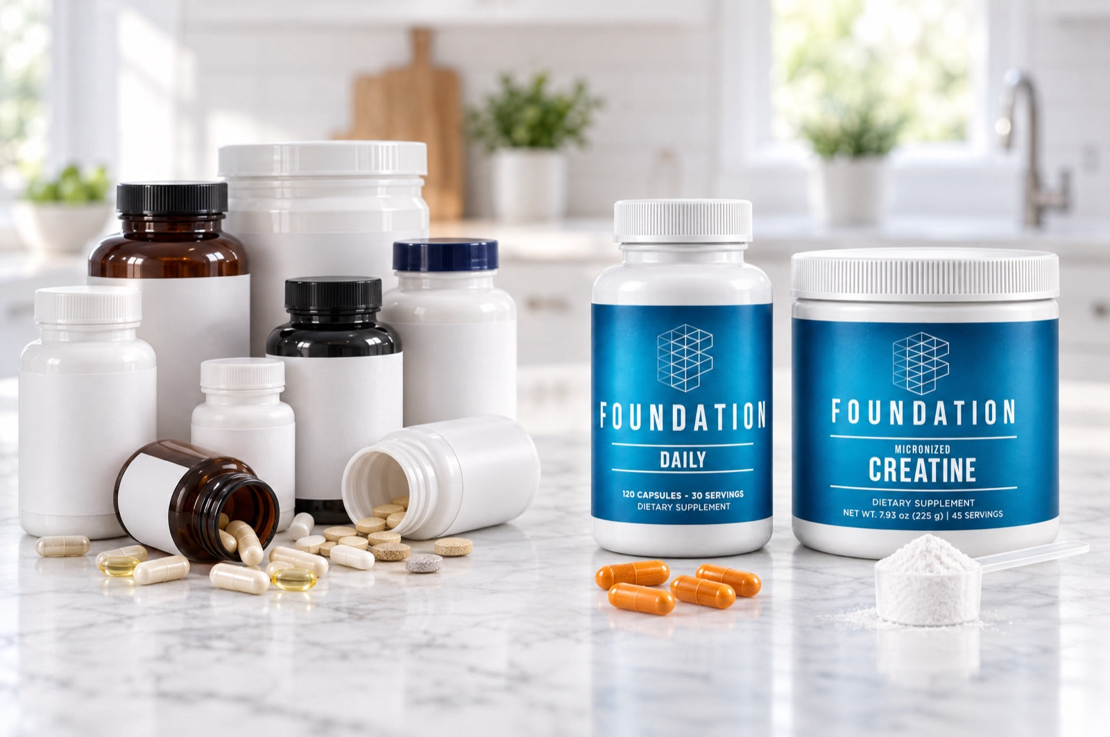A pile of mismatched supplement bottles next to Foundation Daily and Foundation Creatine