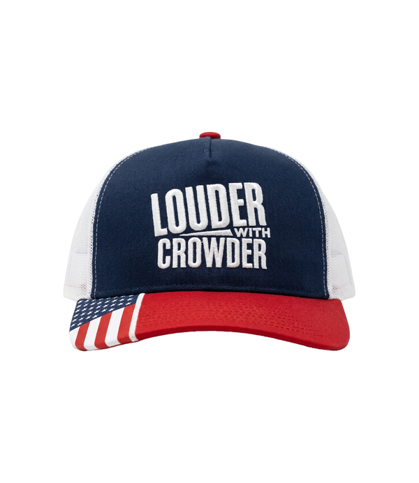 Louder with Crowder flag trucker hat, front